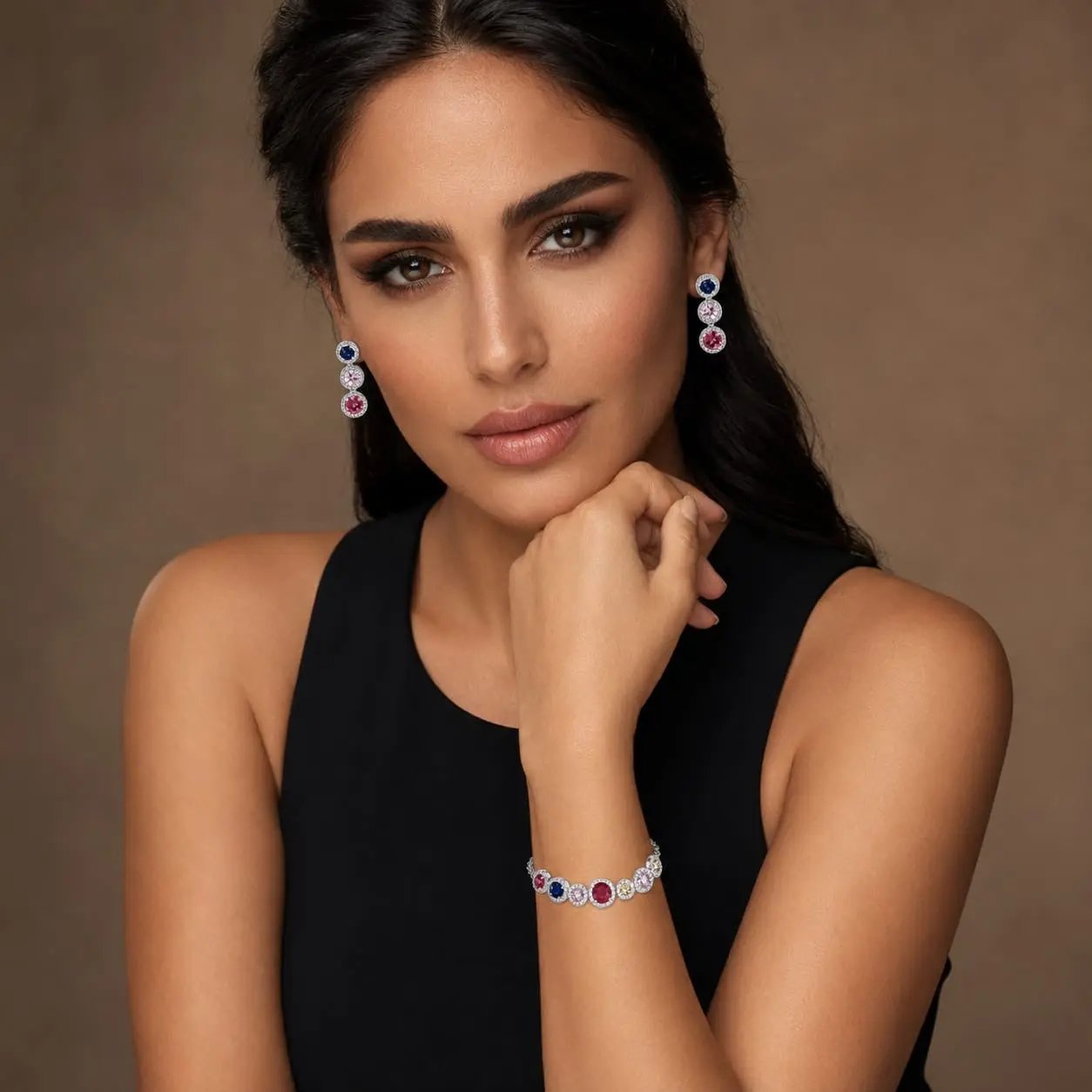 925 Sterling Silver Multi-Color Gemstones Halo Chain Bracelet and Earrings Set