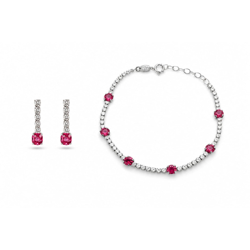 925 Sterling Silver Round Red Gemstone Tennis Bracelet and Eearrings Set