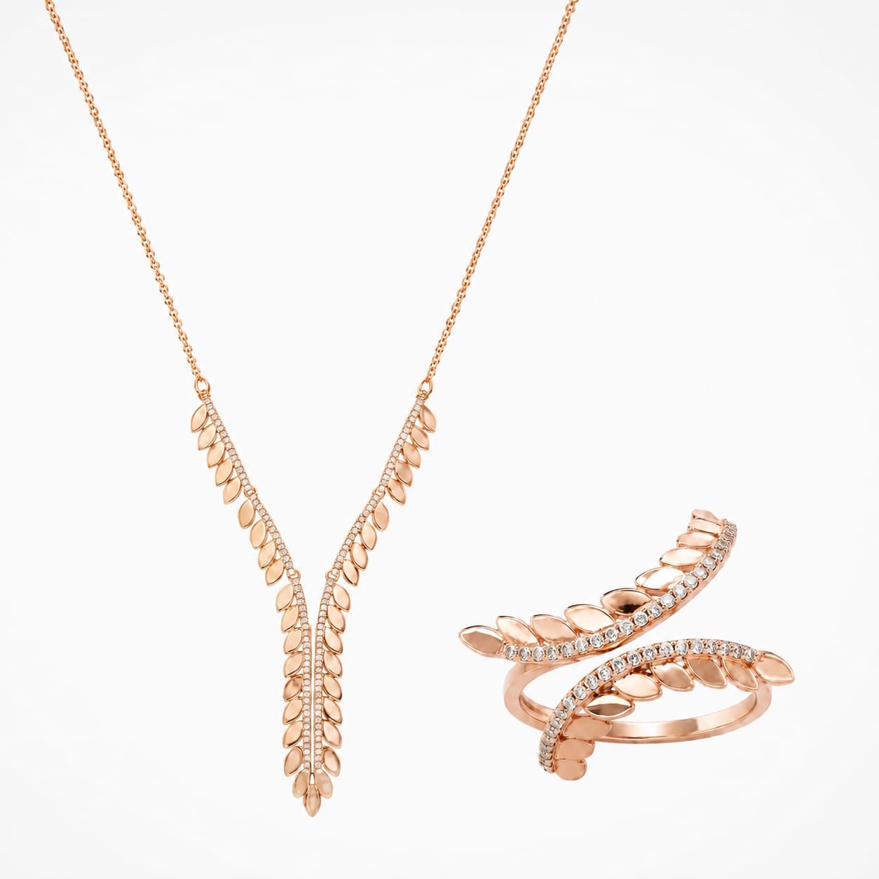 925 Sterling Silver Zircon and Rose Gold Plated Leaf Motif Y-Necklace and Ring Set