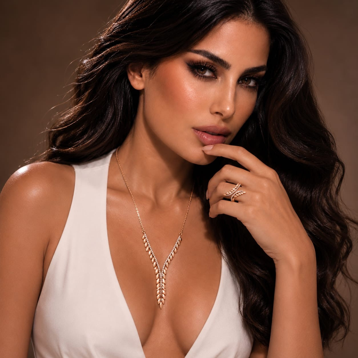 925 Sterling Silver Zircon and Rose Gold Plated Leaf Motif Y-Necklace and Ring Set