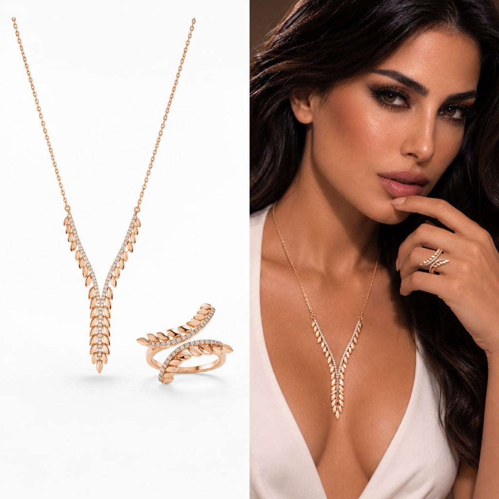 925 Sterling Silver Zircon and Rose Gold Plated Leaf Motif Y-Necklace and Ring Set