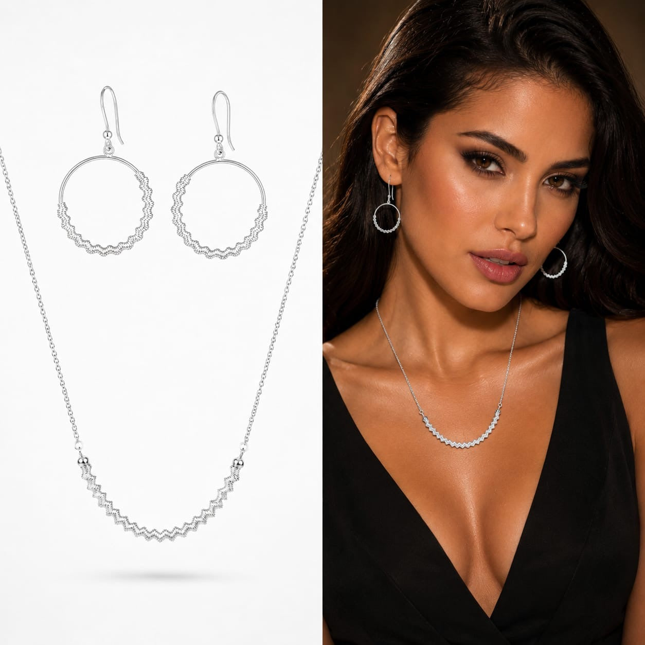 925 Sterling Silver Zigzag Textured Curved Bar Chain Necklace and Earrings Set