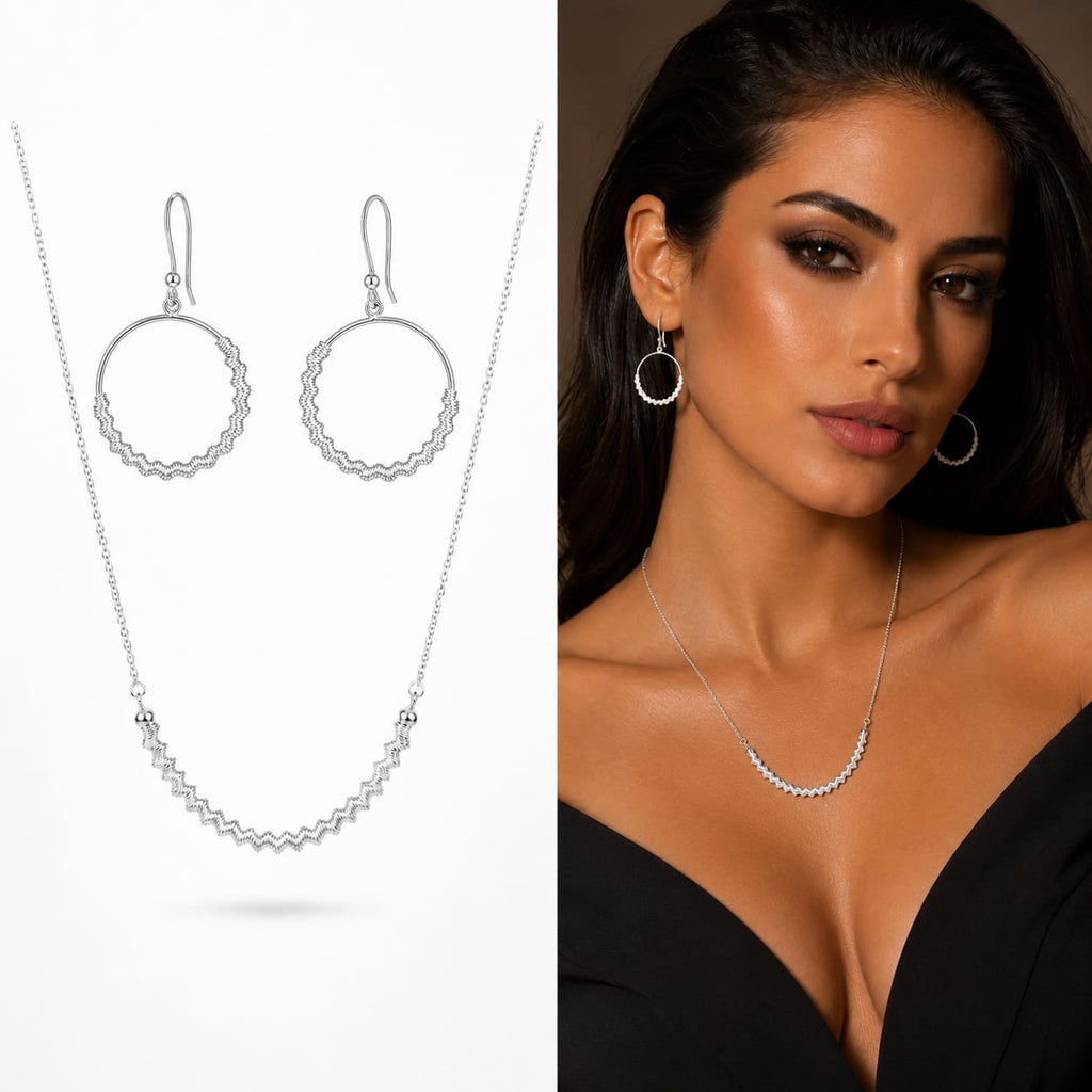 925 Sterling Silver Zigzag Textured Curved Bar Chain Necklace and Earrings Set