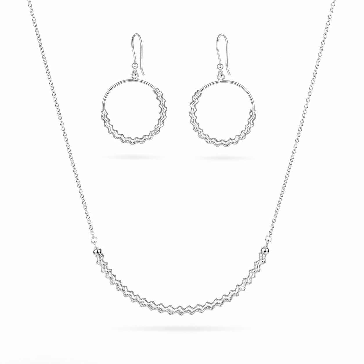 925 Sterling Silver Zigzag Textured Curved Bar Chain Necklace and Earrings Set
