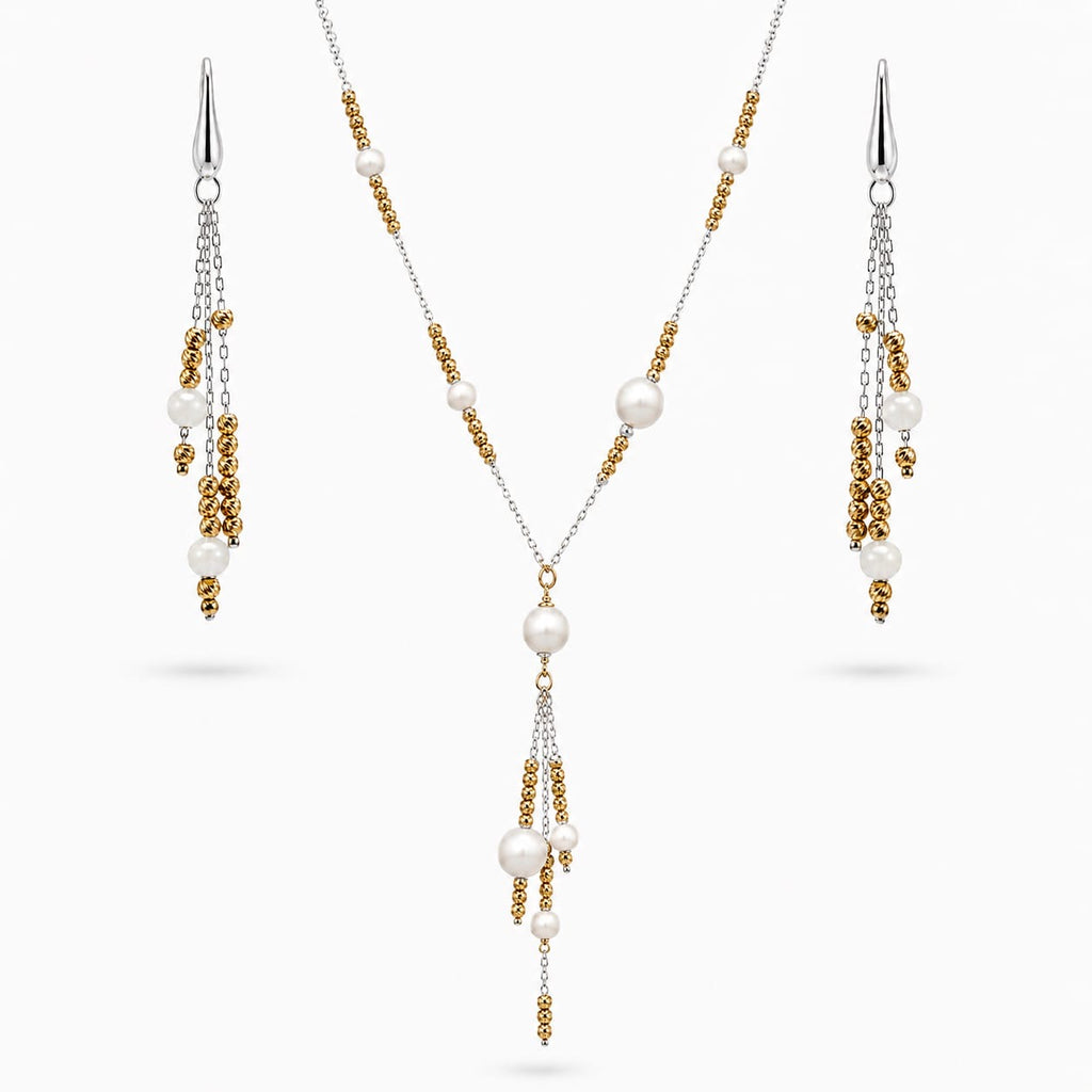 925 Sterling Silver Two-Tone Gold Plated Pearl Tassel Lariat Necklace and Earrings  Set