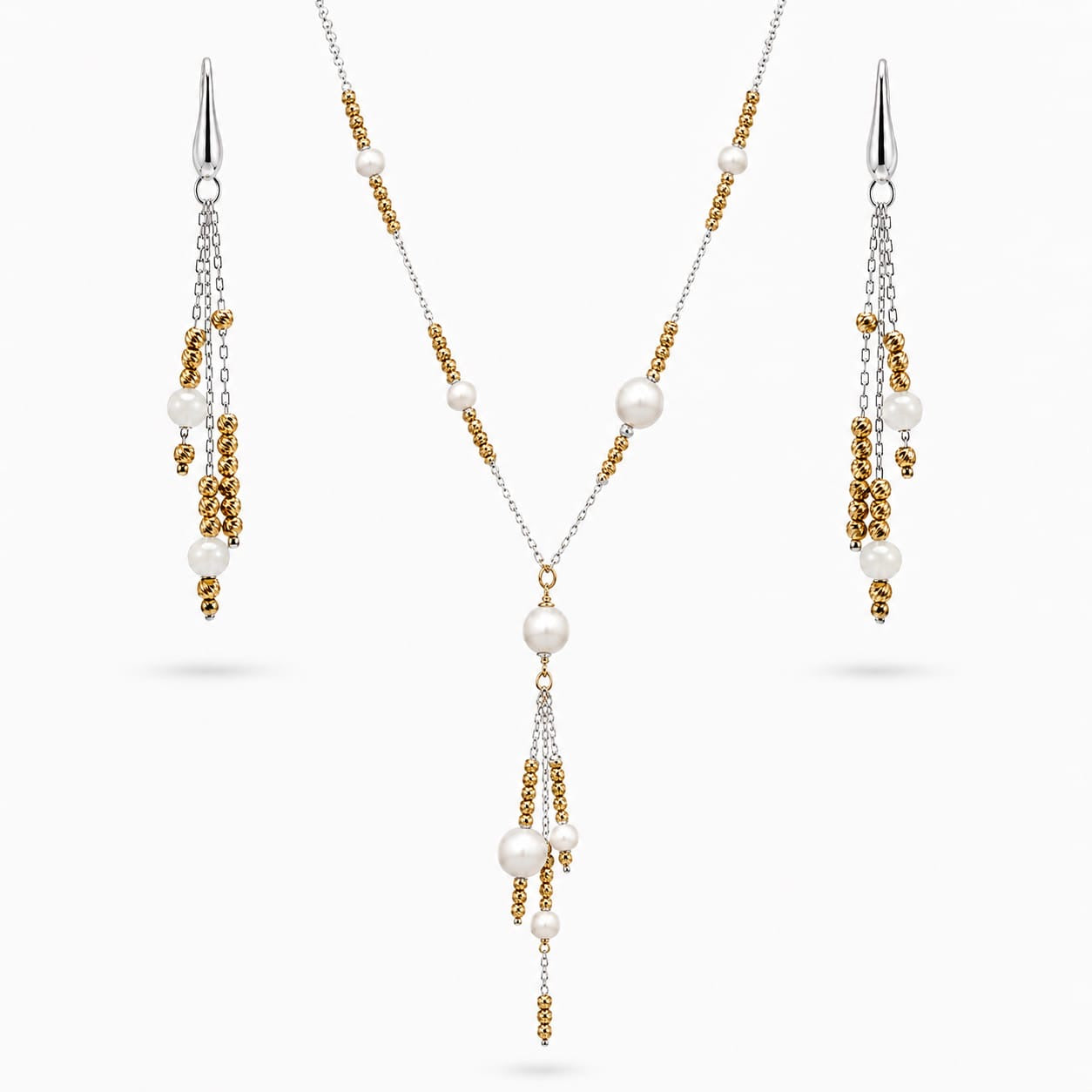 925 Sterling Silver Two-Tone Gold Plated Pearl Tassel Lariat Necklace and Earrings  Set