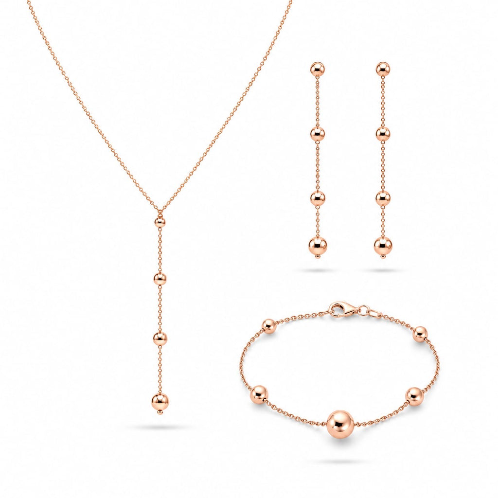 925 Sterling Silver Rose Gold Plated Beaded Y-Necklace and Matching Jewelry Set