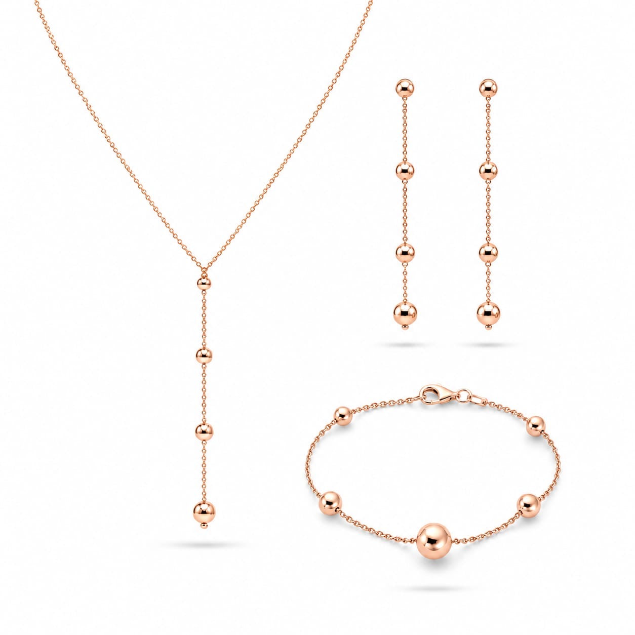 925 Sterling Silver Rose Gold Plated Beaded Y-Necklace and Matching Jewelry Set