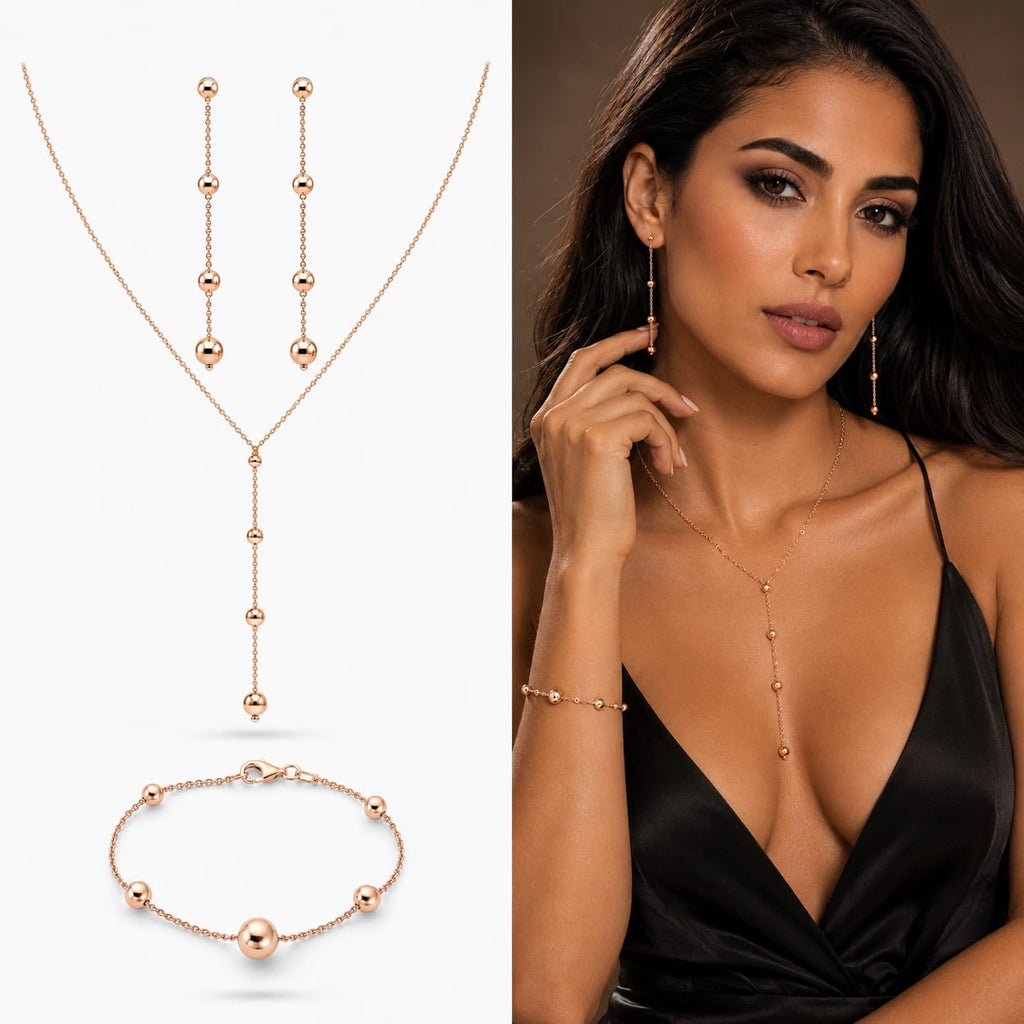 925 Sterling Silver Rose Gold Plated Beaded Y-Necklace and Matching Jewelry Set