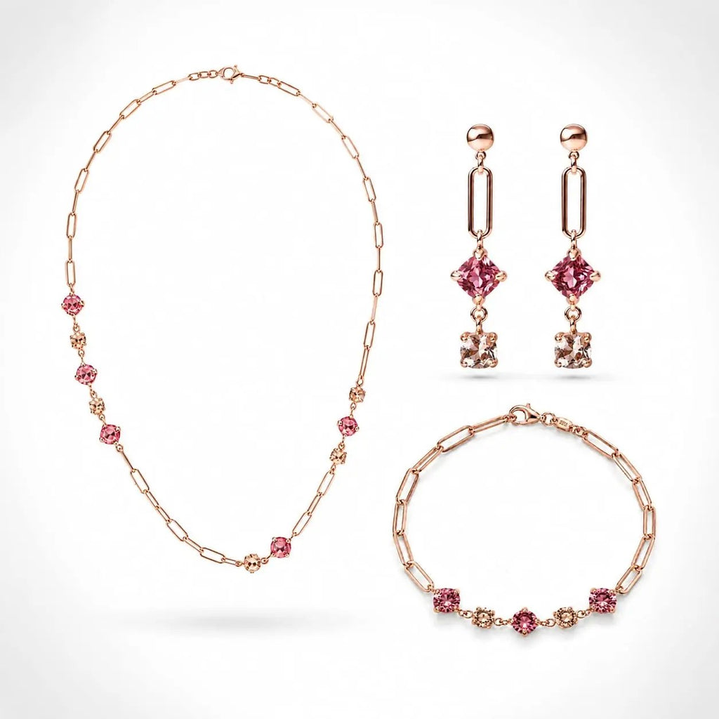 925 silver pink crystal paperclip necklace bracelet and earrings set