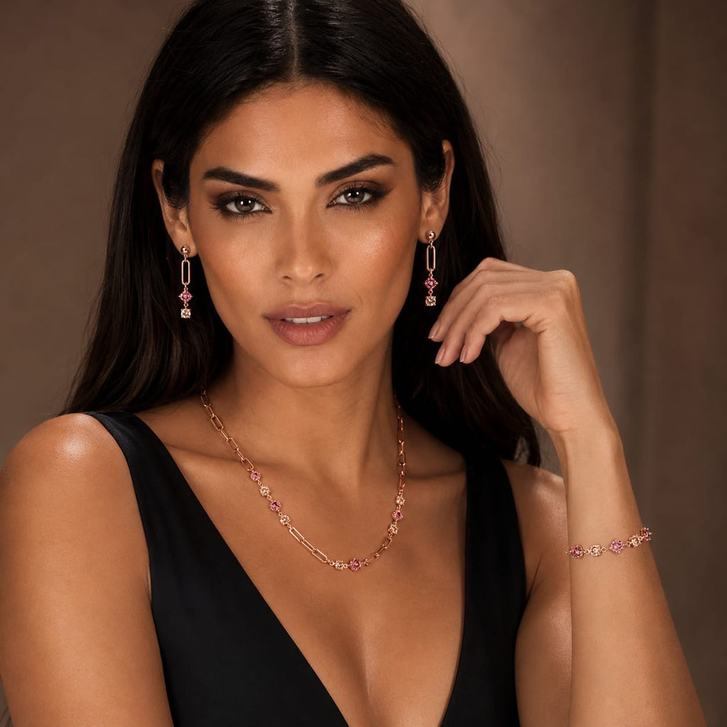Pink crystal paperclip 925 silver jewelry set alternate view