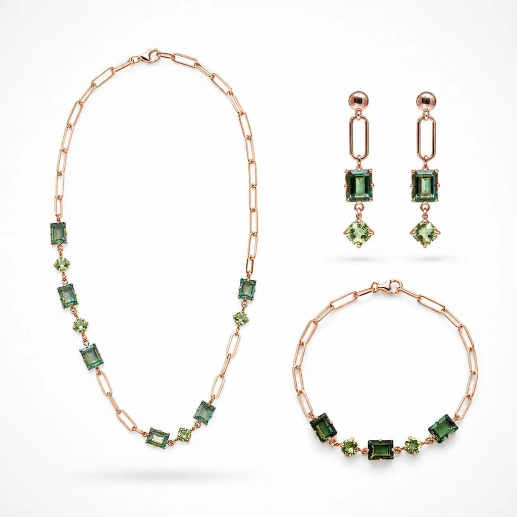 Rose gold 925 silver green tourmaline necklace bracelet and earrings set