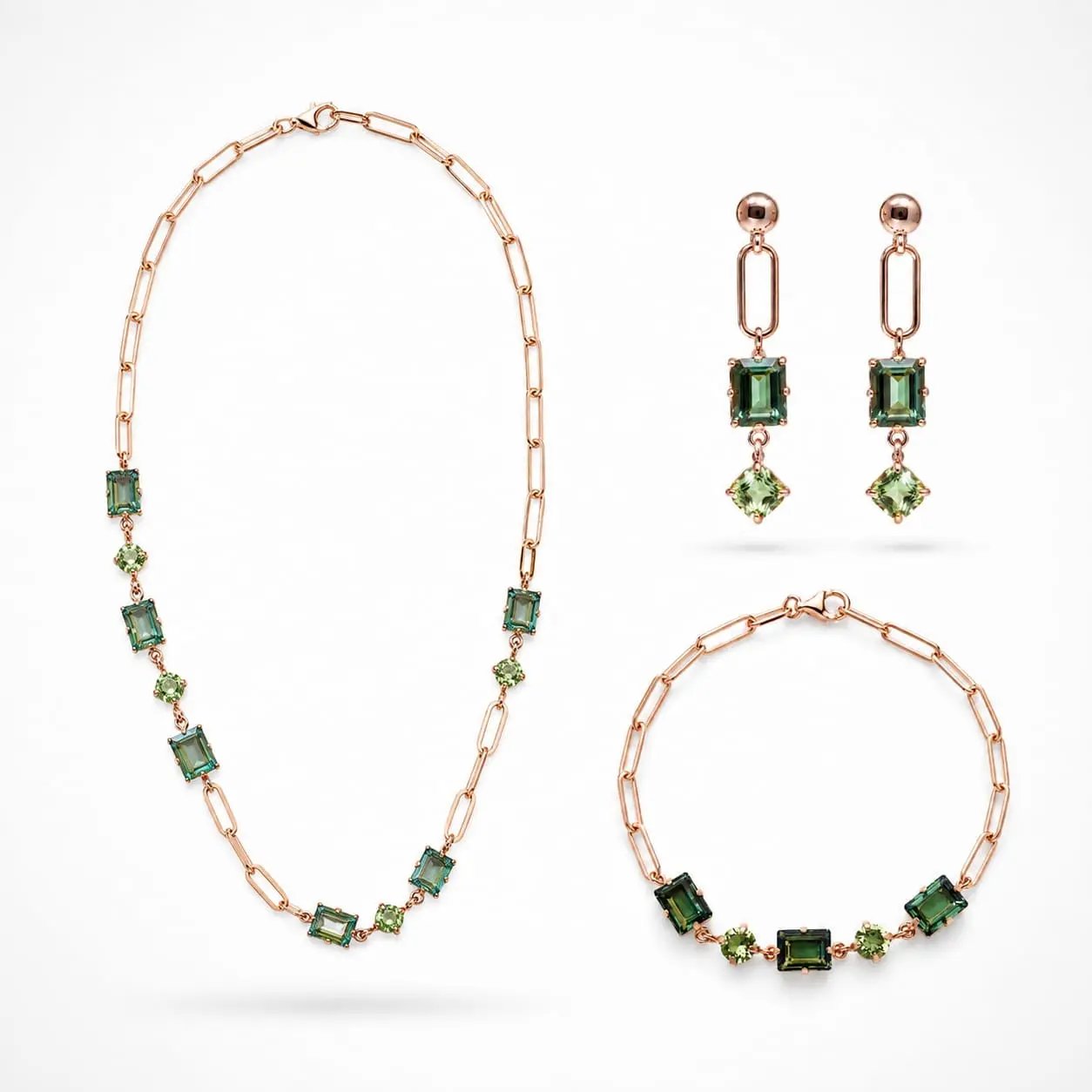 Rose gold 925 silver green tourmaline necklace bracelet and earrings set