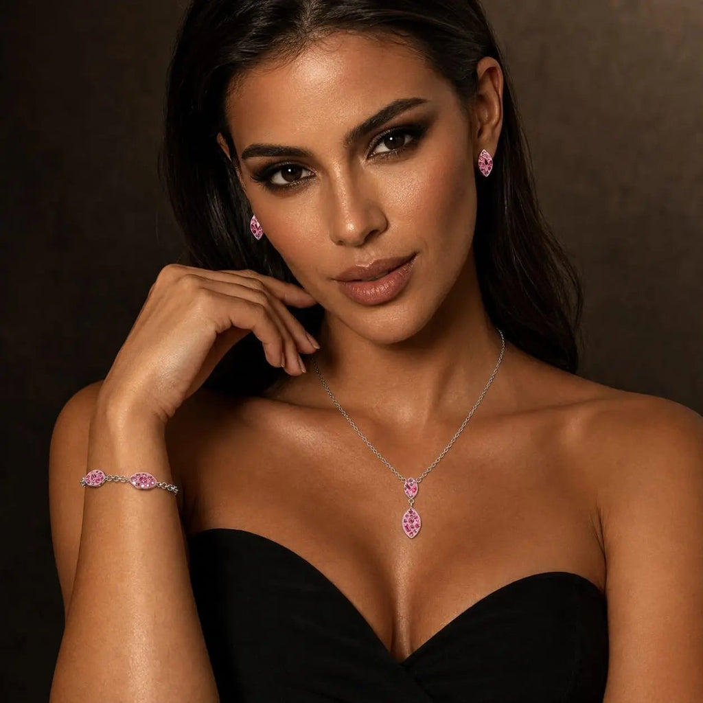 Pink crystal marquise 925 silver jewelry set alternate view