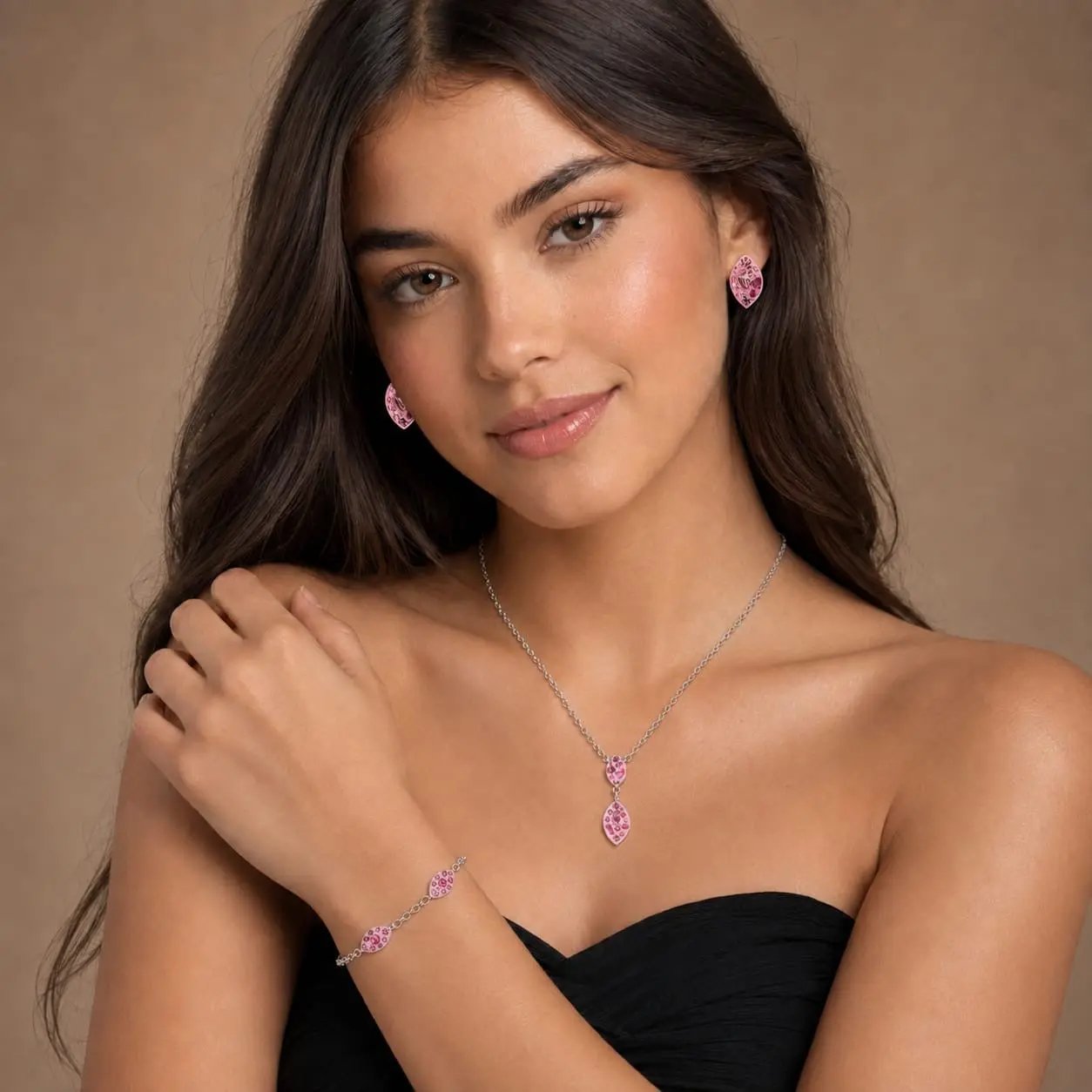 925 silver pink crystal marquise jewelry set detail view