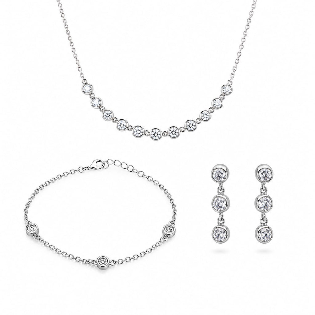 925 Sterling Silver Bezel-Set Zircon Curved Bar Necklace Jewelry Set