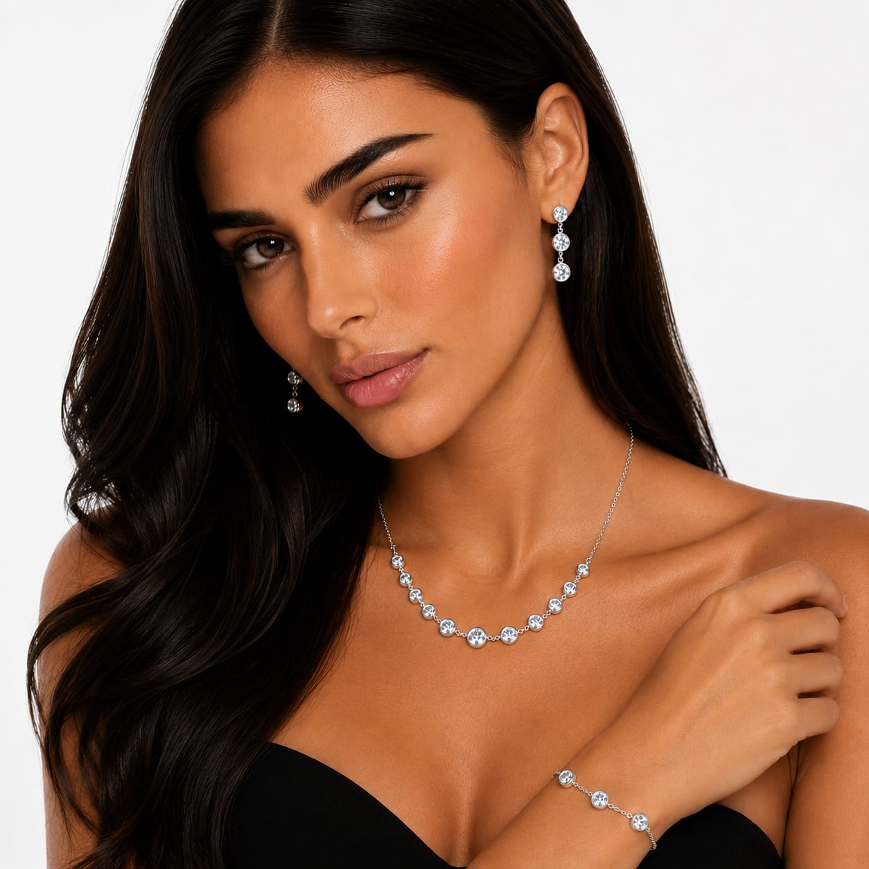 925 Sterling Silver Bezel-Set Zircon Curved Bar Necklace Jewelry Set