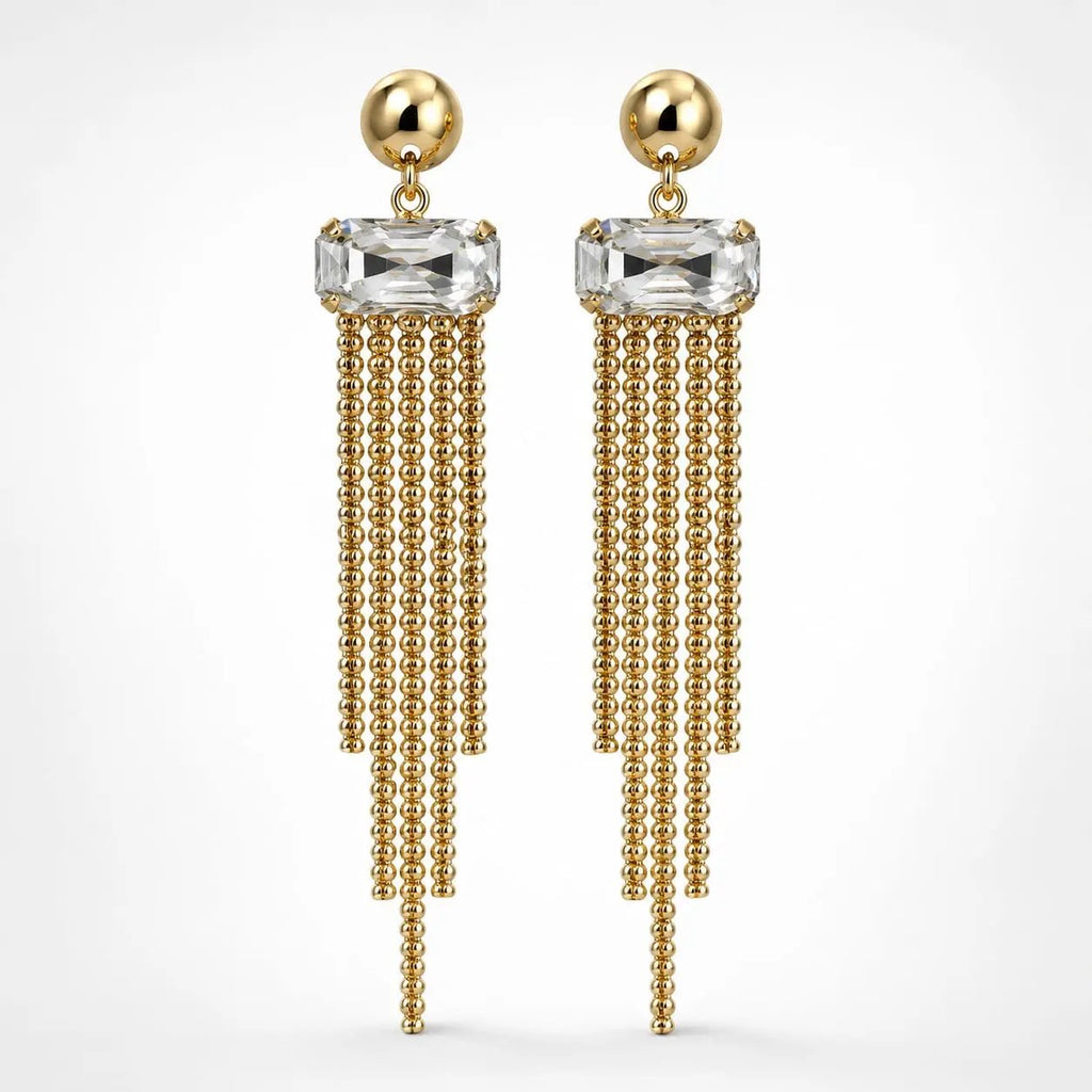 925 Sterling Silver Gold  Plated Crystal Beaded Tassel Dangle Earrings