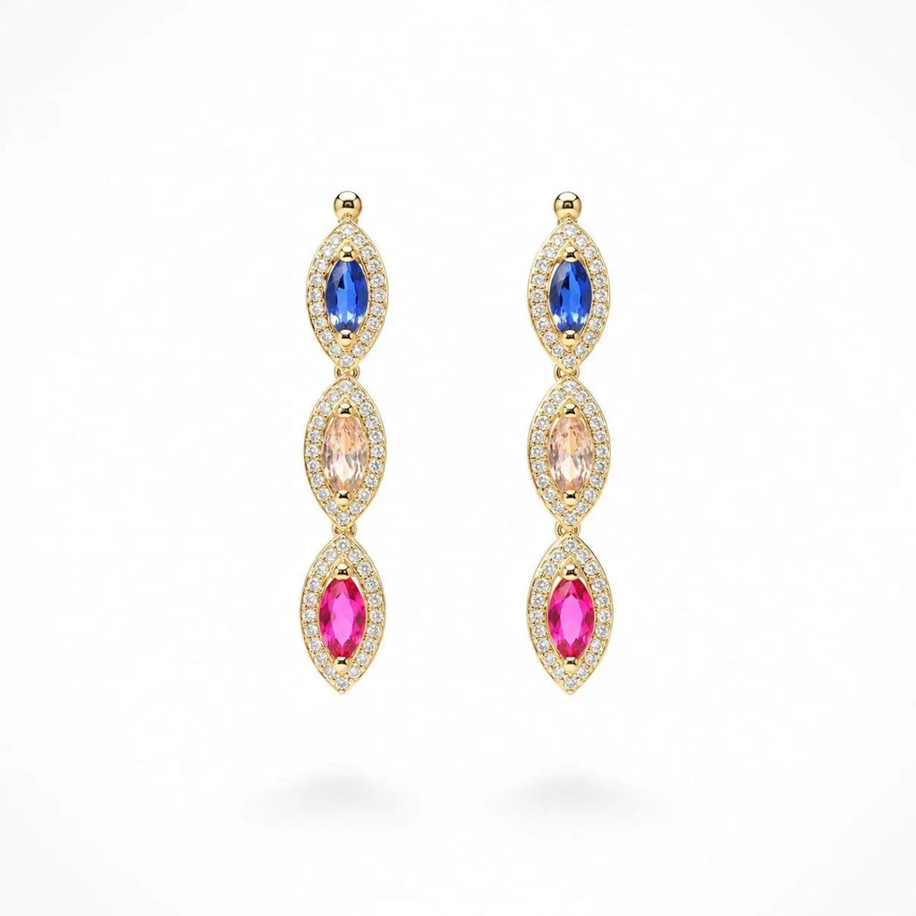 925 Sterling Silver Gold Plated Multi-Color Marquise Cut Gemstone Halo Dangle Earrings