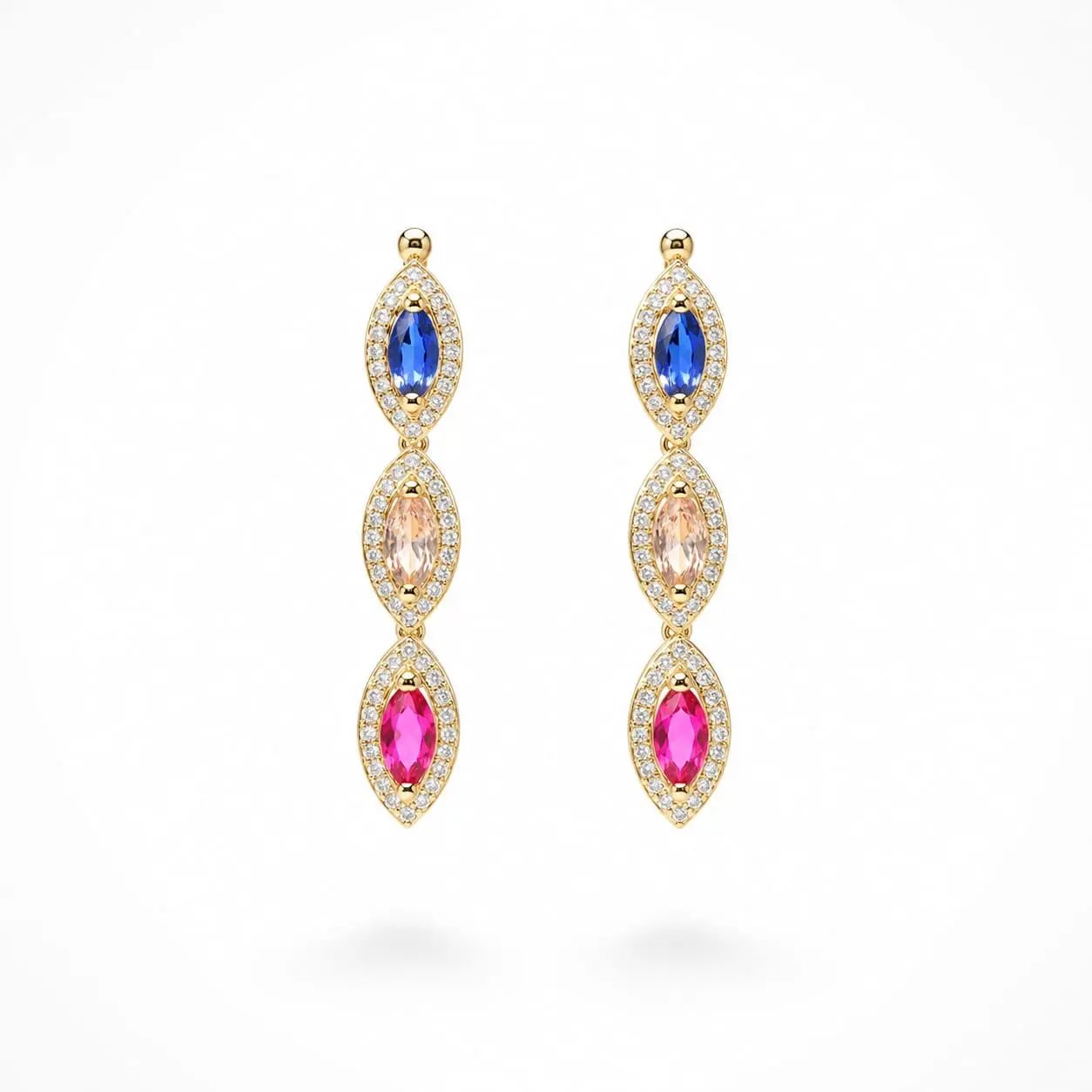925 Sterling Silver Gold Plated Multi-Color Marquise Cut Gemstone Halo Dangle Earrings