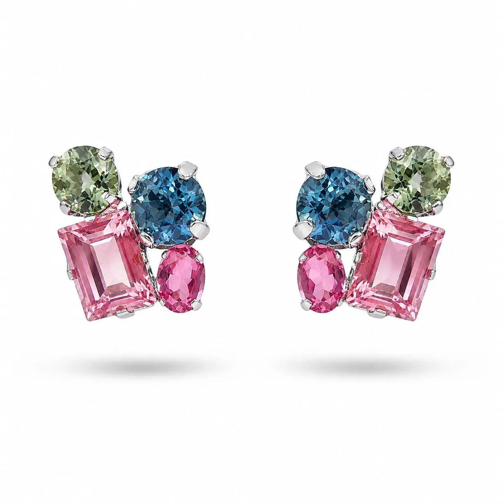 925 Sterling Silver Multicolor Tourmaline Cluster Earrings