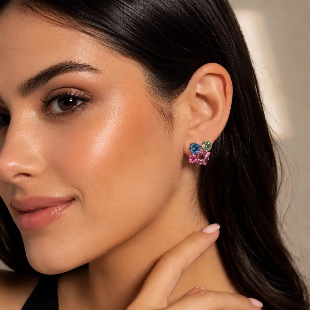 925 Sterling Silver Multicolor Tourmaline Cluster Earrings
