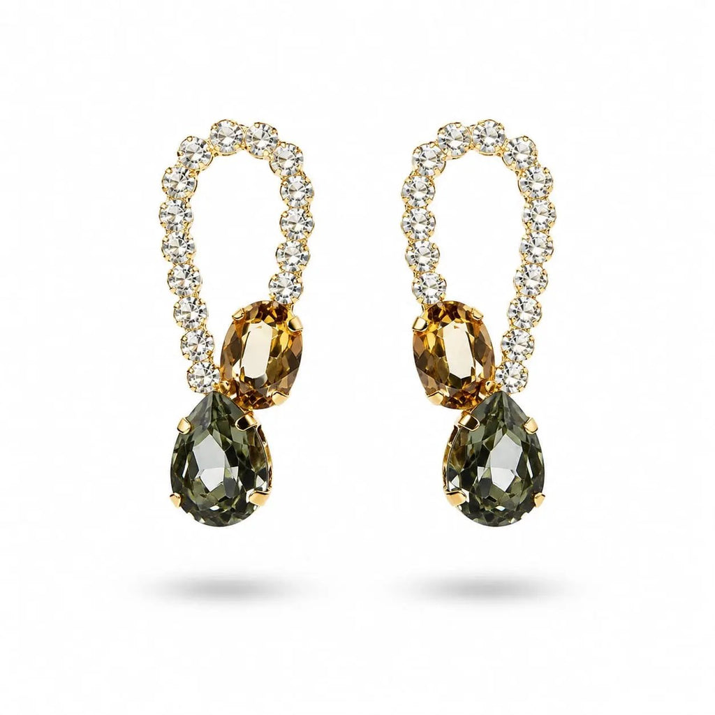 925 Sterling Silver Gold Plated  Crystal Drop Earrings with Amber and Olive Stones