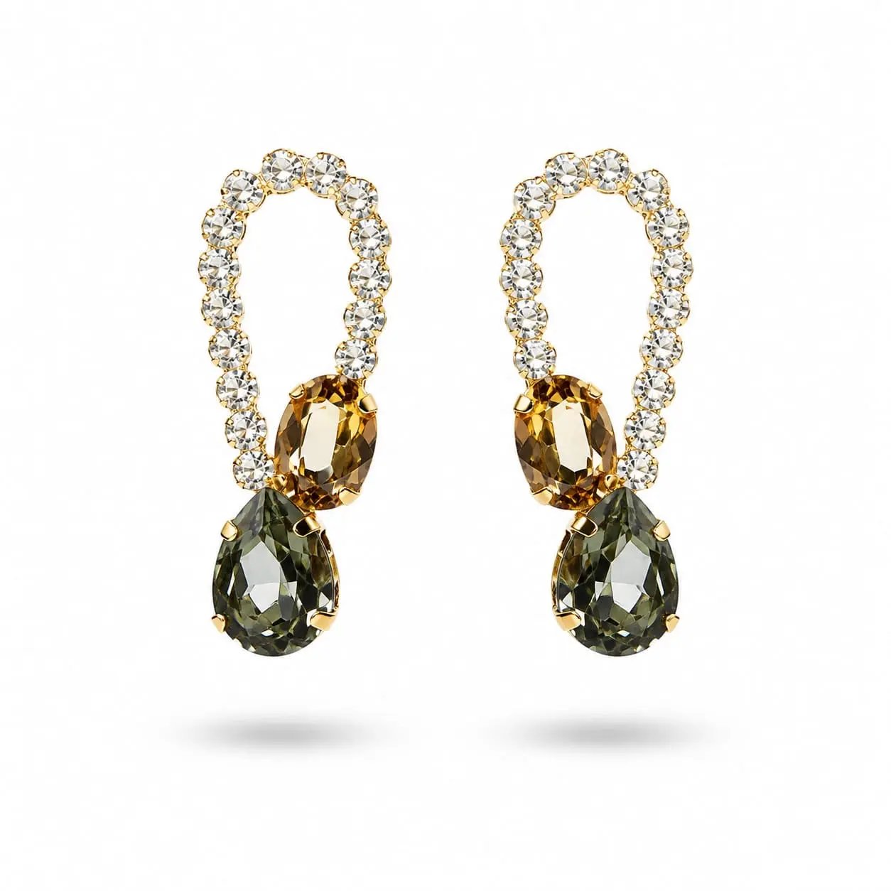 925 Sterling Silver Gold Plated  Crystal Drop Earrings with Amber and Olive Stones