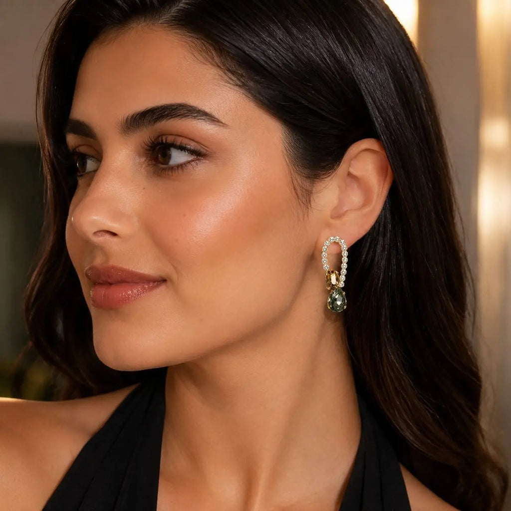 925 Sterling Silver Gold Plated  Crystal Drop Earrings with Amber and Olive Stones