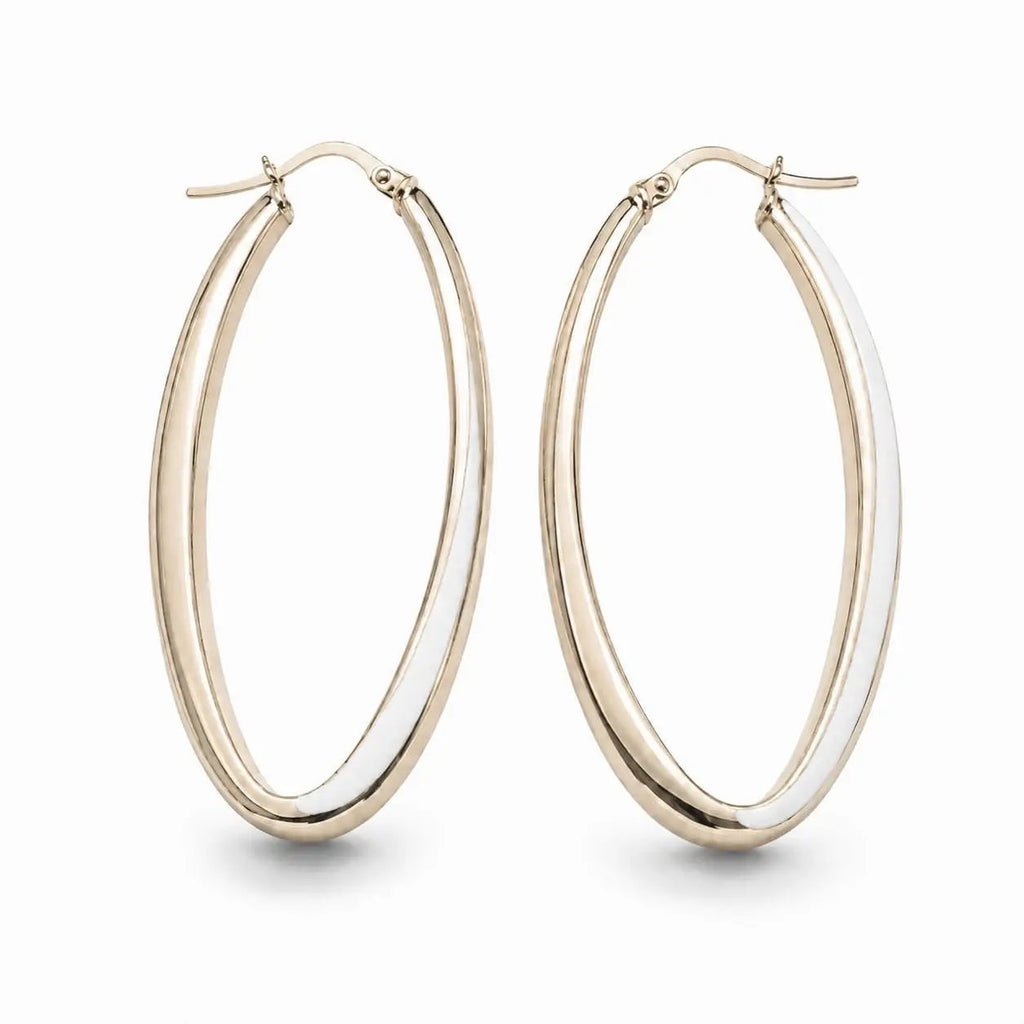 925 sterling Silver Gold  Plated Oval Hoop Earrings with White Inlay
