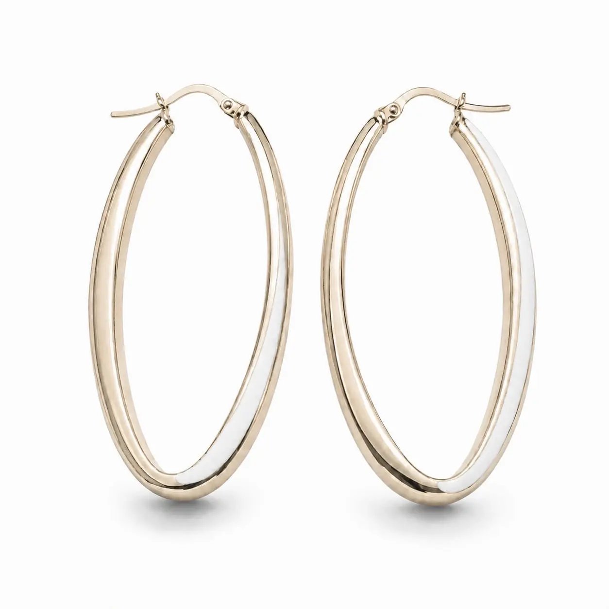 925 sterling Silver Gold  Plated Oval Hoop Earrings with White Inlay