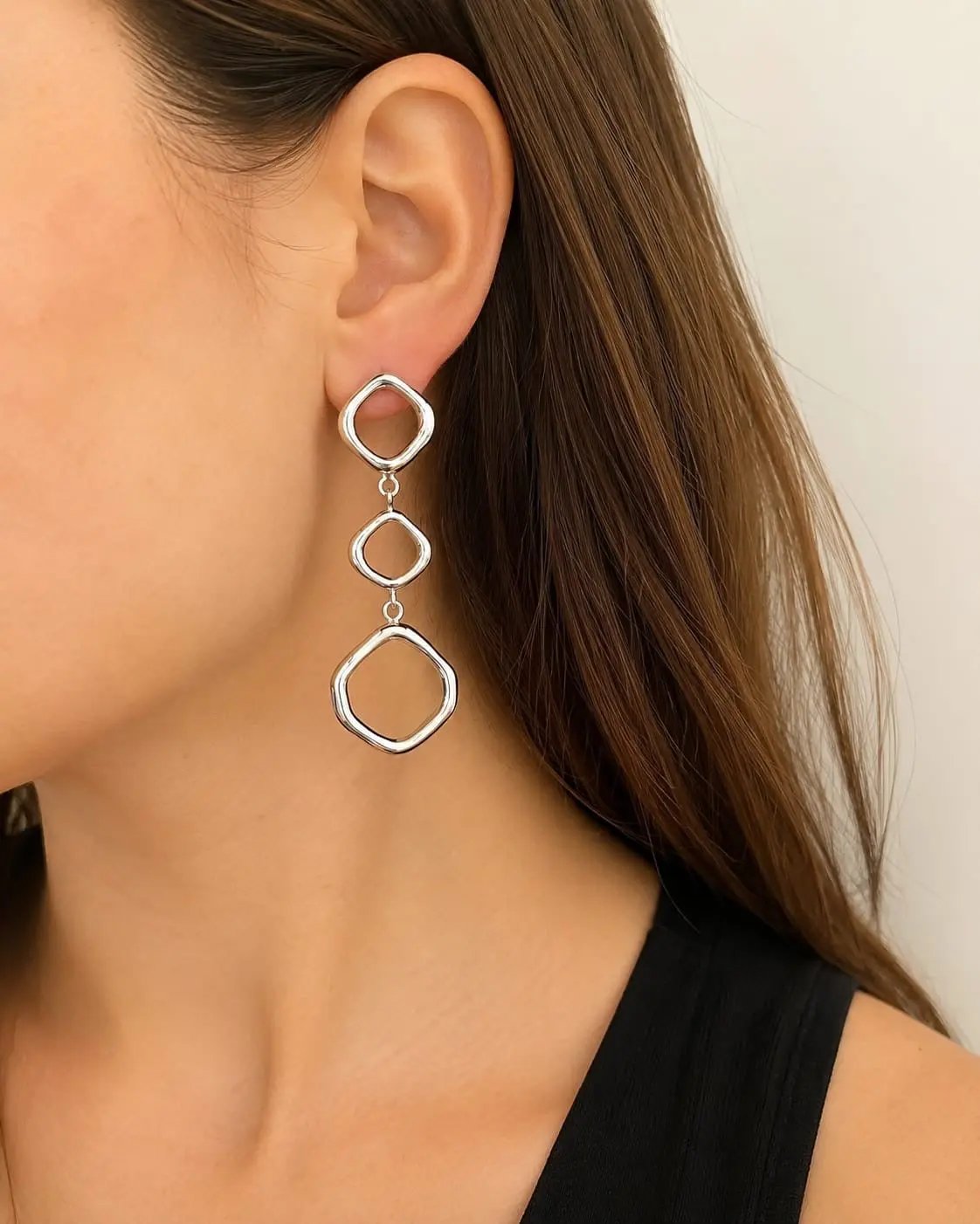 925 Sterling Silver Geometric Triple Square Dangle Earrings