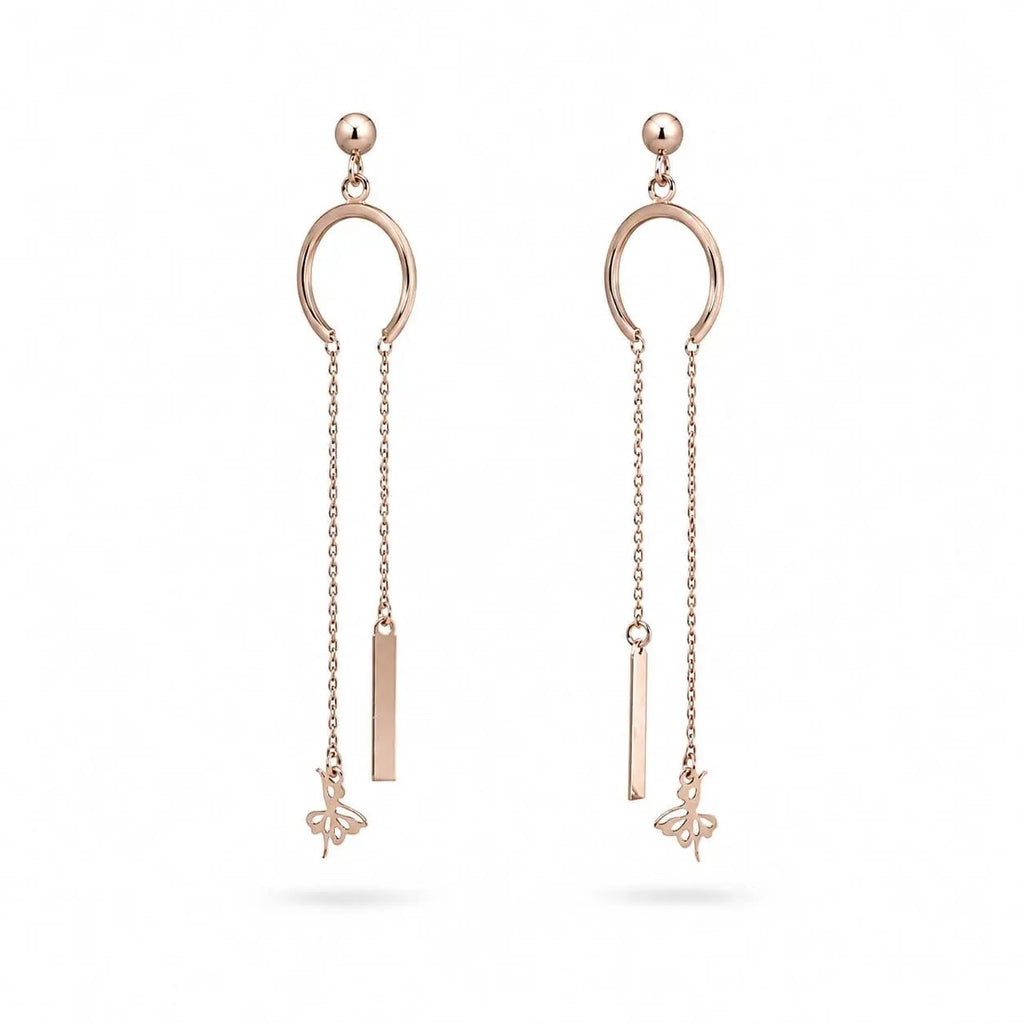 Rose Gold Dangle Earrings with Chain & Ballerina Charms
