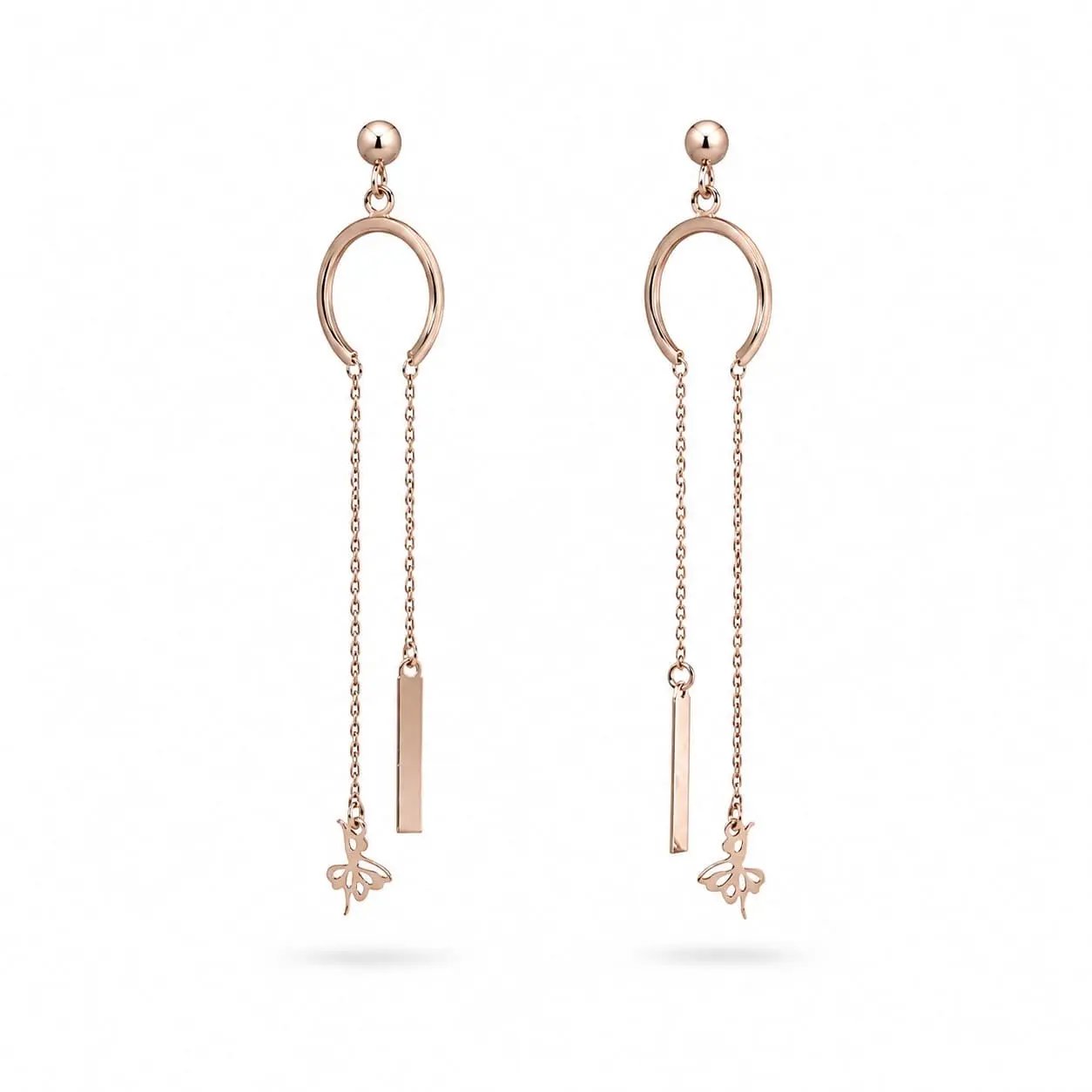 Rose Gold Dangle Earrings with Chain & Ballerina Charms