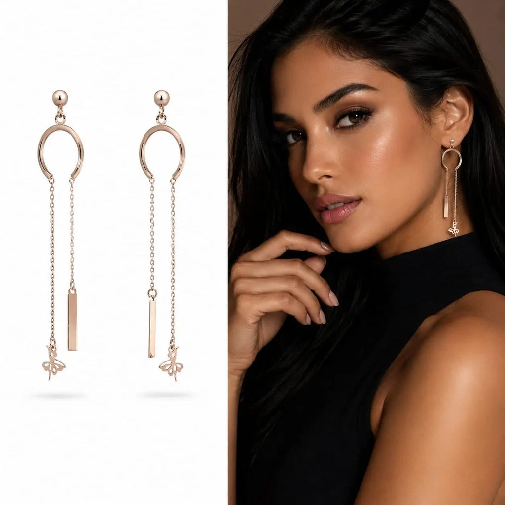 Rose Gold Dangle Earrings with Chain & Ballerina Charms