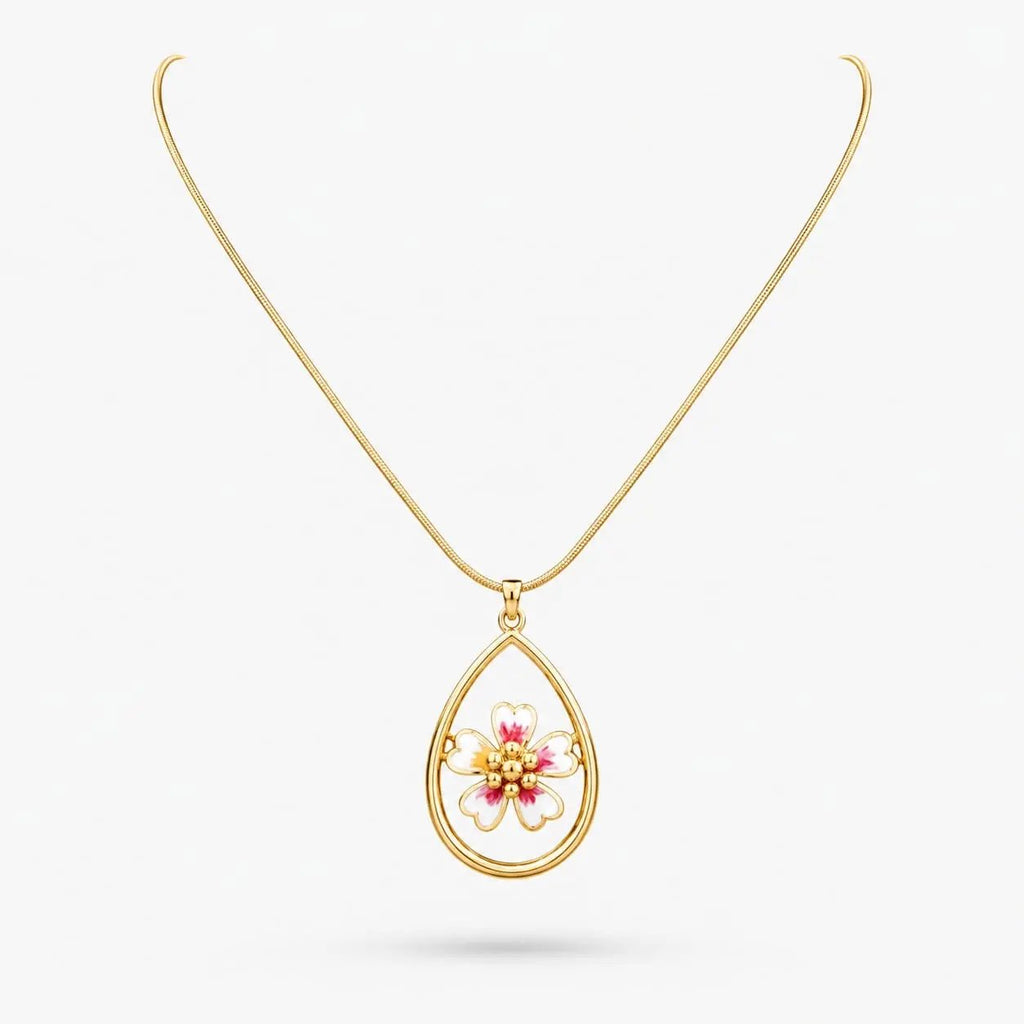 925 Sterling Silver Gold Plated Teardrop Enamel Flower Pendant Necklace