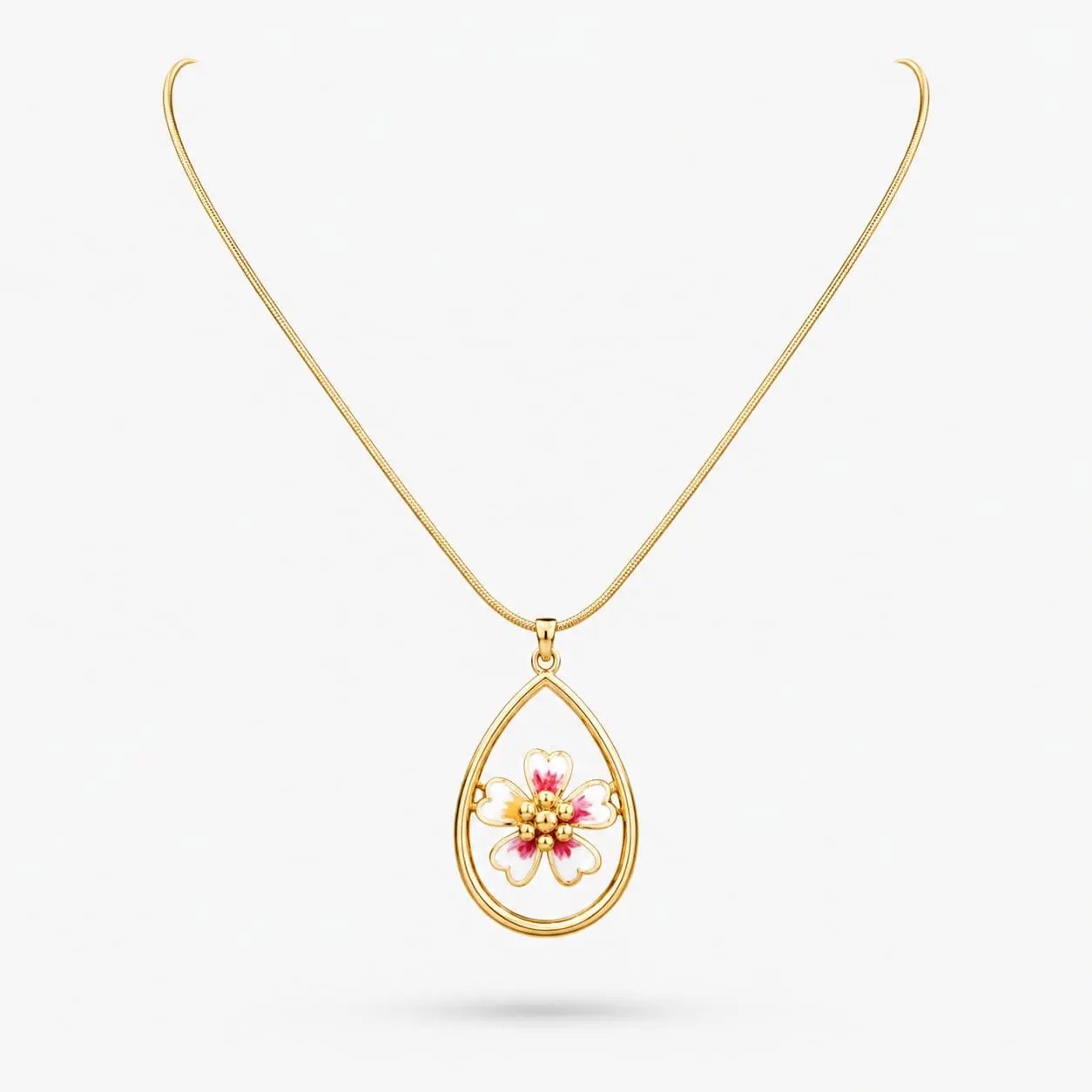 925 Sterling Silver Gold Plated Teardrop Enamel Flower Pendant Necklace