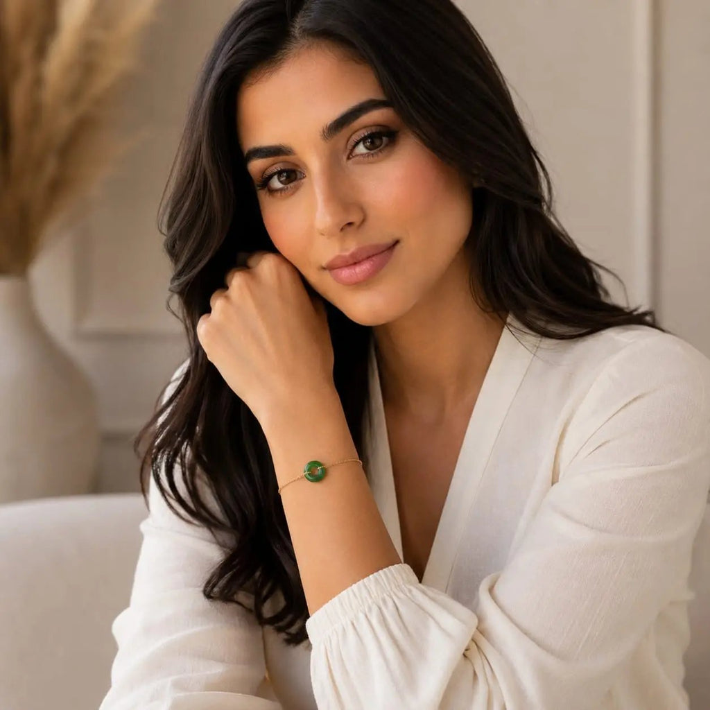 Model wearing a green agate donut bracelet by SAMVELLI