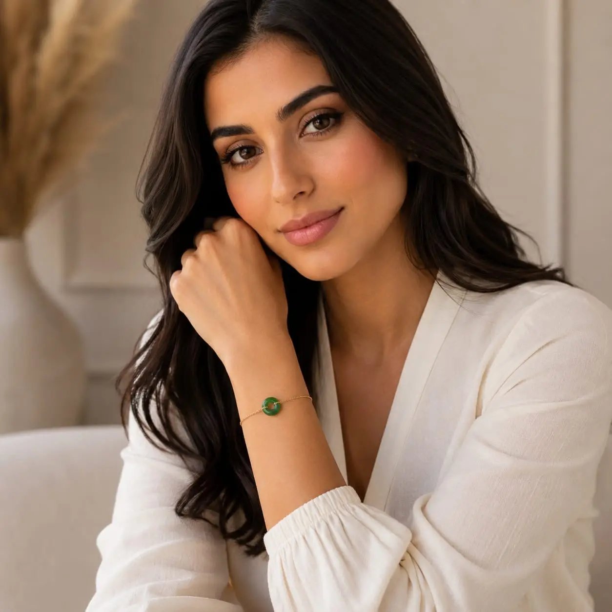 Model wearing a green agate donut bracelet by SAMVELLI