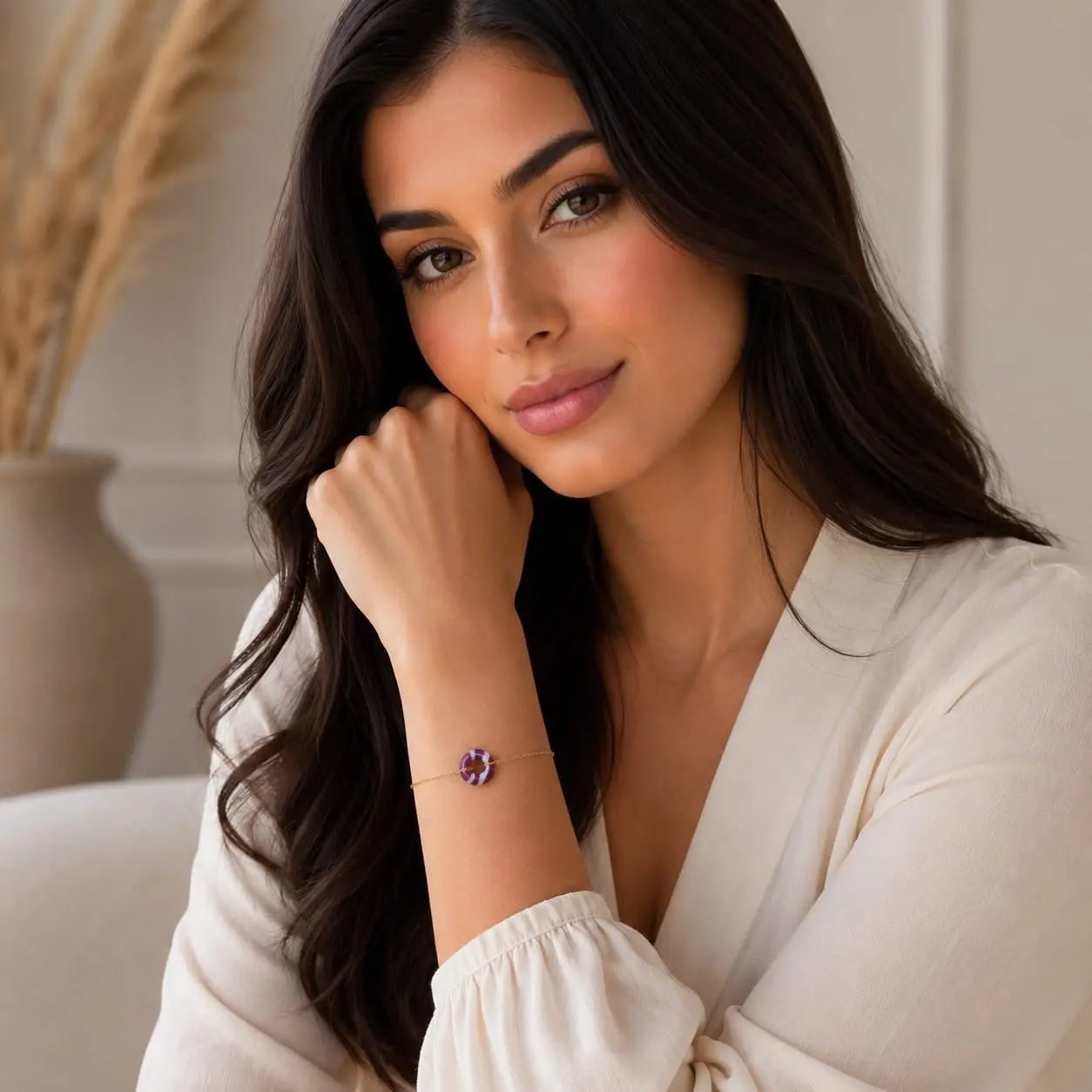 Model wearing a dark purple and white agate donut bracelet