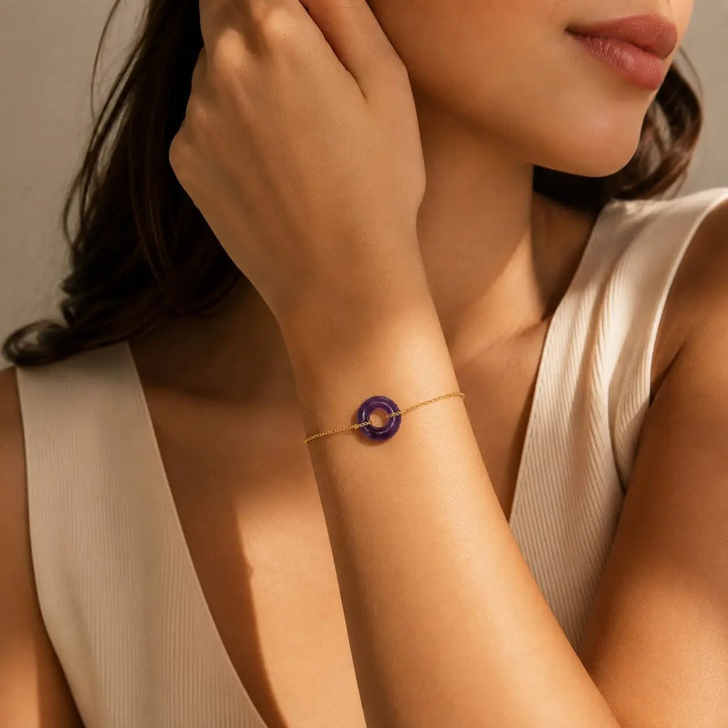 Model wearing a violet amethyst donut bracelet by SAMVELLI