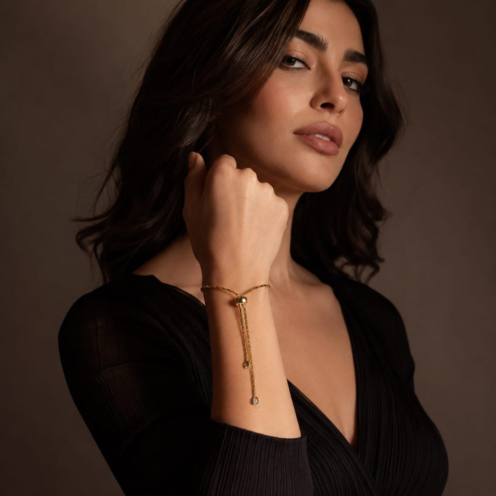 925 Sterling Silver  Gold Plated Adjustable Bolo Chain Bracelet with Zircons