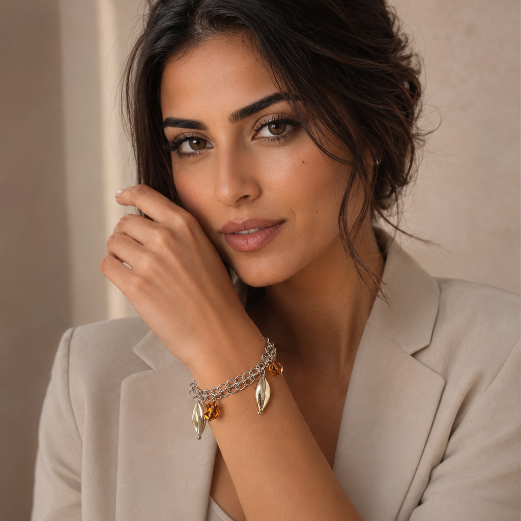 925 Sterling Silver Charm Bracelet with Citrine and Metal Accents
