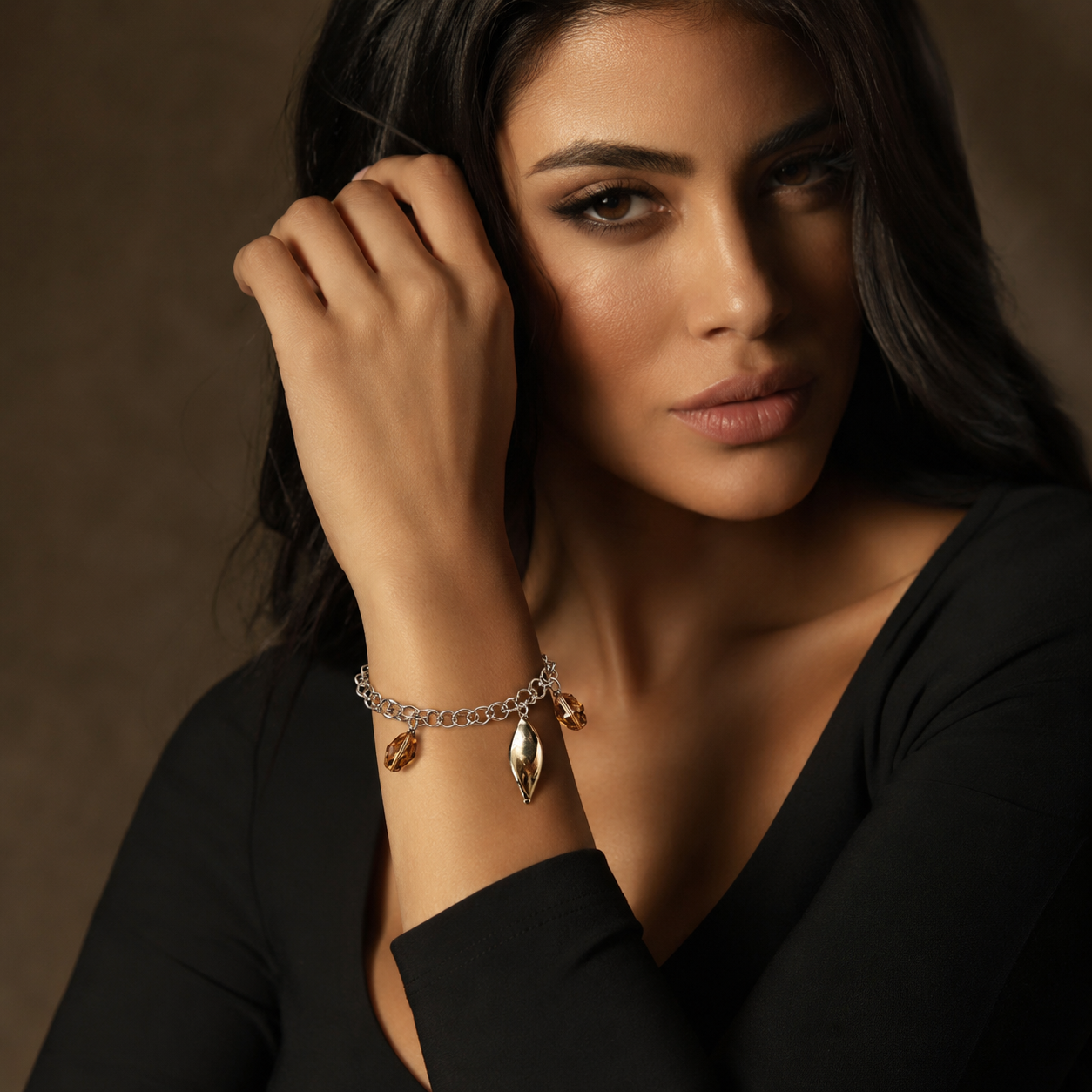 925 Sterling Silver Charm Bracelet with Citrine and Metal Accents