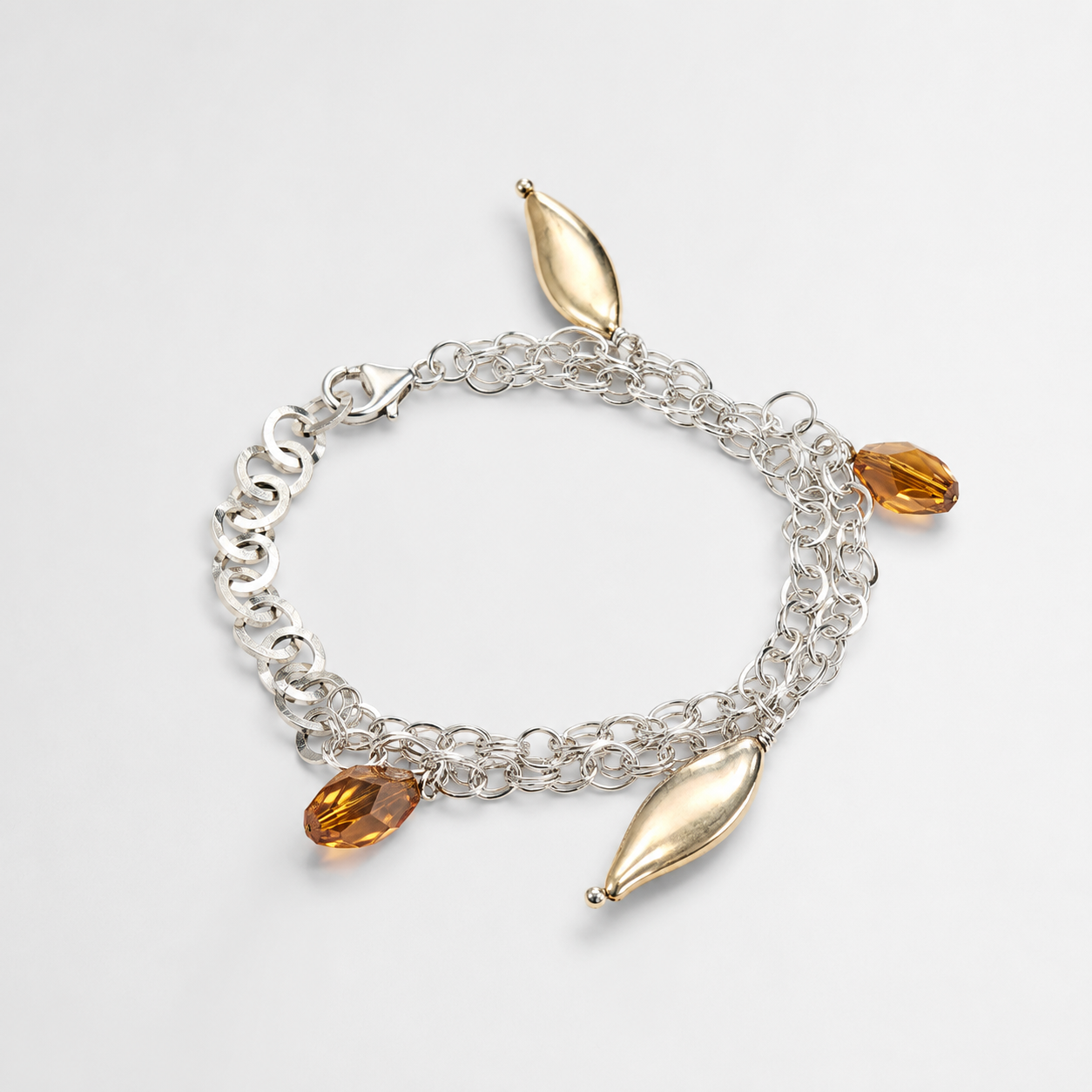 925 Sterling Silver Charm Bracelet with Citrine and Metal Accents
