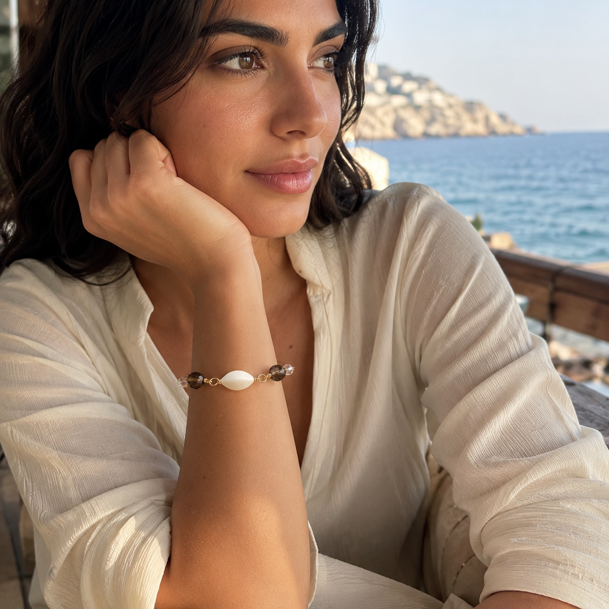 925 Sterling Silver Gold Plated Chain Bracelet with Quartz Beads