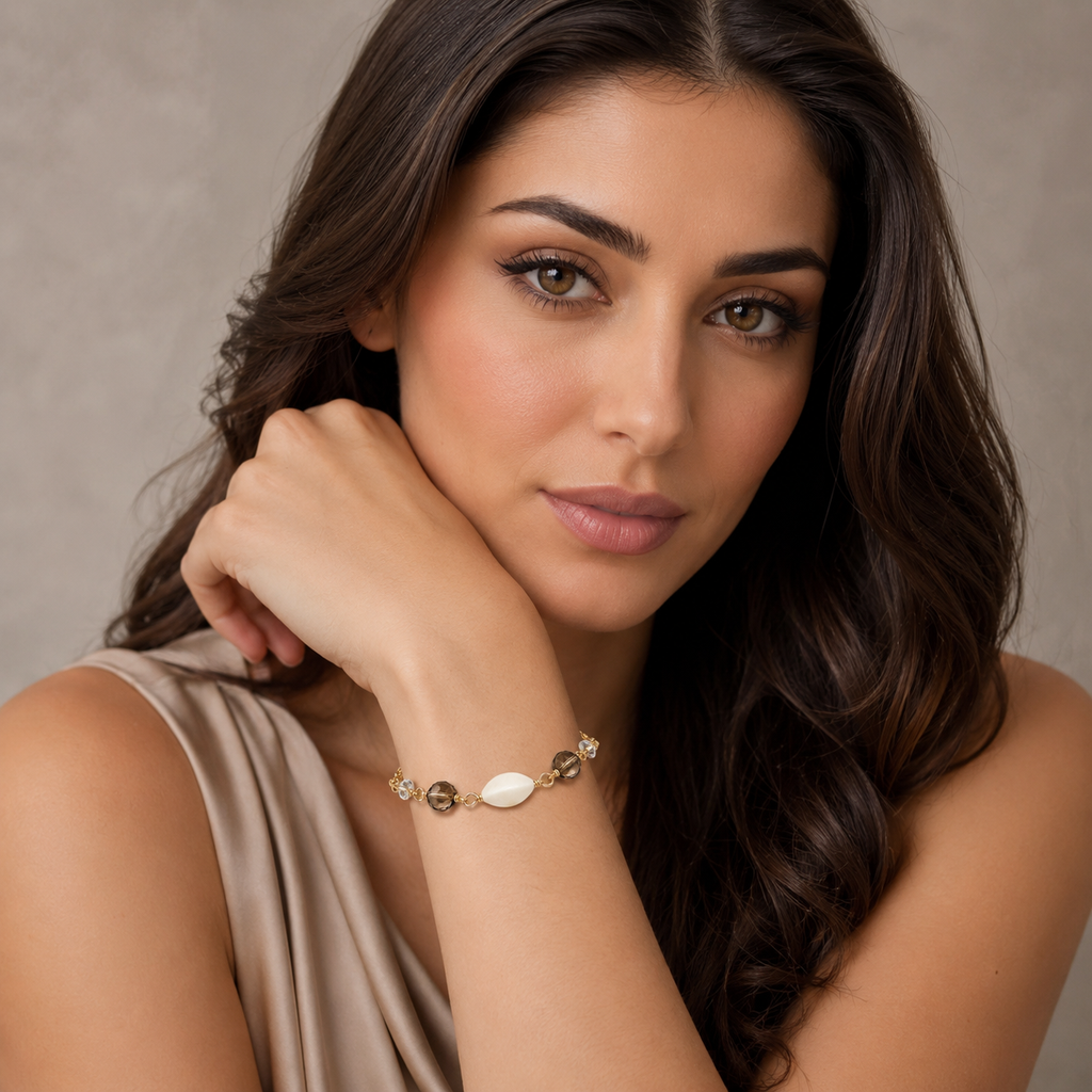 925 Sterling Silver Gold Plated Chain Bracelet with Quartz Beads
