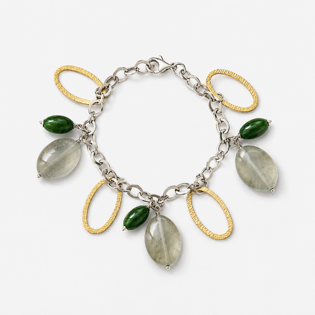 925 Sterling Silver Gold  Plated Jade Charm Bracelet