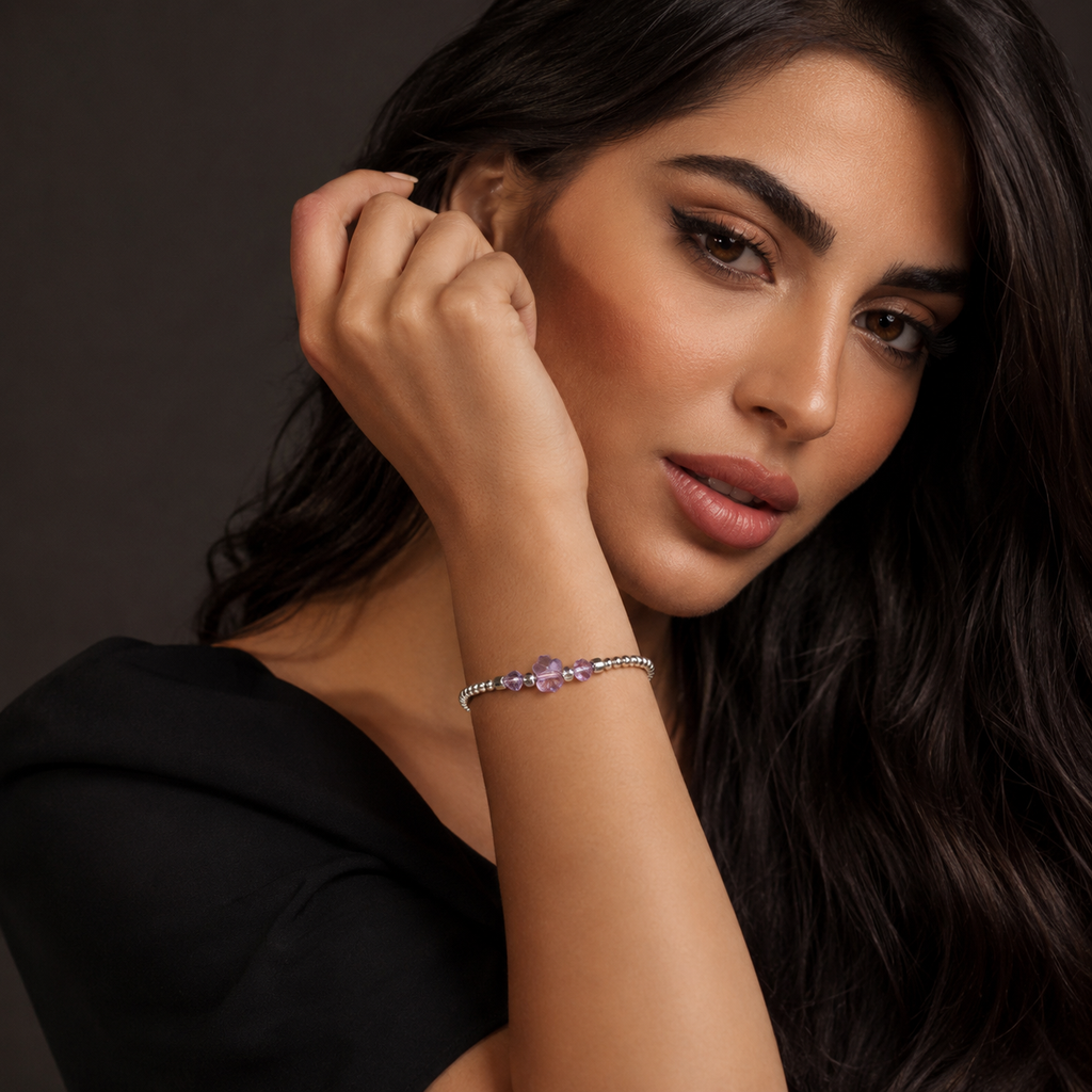 925 Sterling Silver Beaded Bracelet with Amethyst Flower