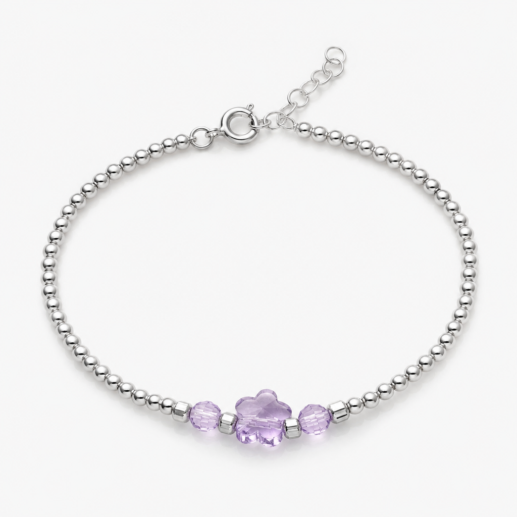 925 Sterling Silver Beaded Bracelet with Amethyst Flower